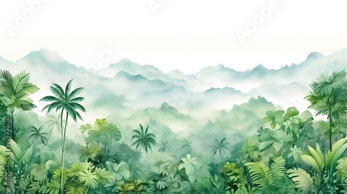 Rainforest, ecology, nature, bio-diversity background. Water color drawing of tropical rain forest. Wide format