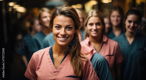 A vibrant group of female medical professionals in matching pink scrubs share a lighthearted moment, their smiles and laughter illuminating the indoor space with warmth and camaraderie