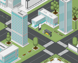 Isometric town. Simple apartments and business buildings, crossroad and public transport stop. Ad billboards on street, park zones, flawless vector scene