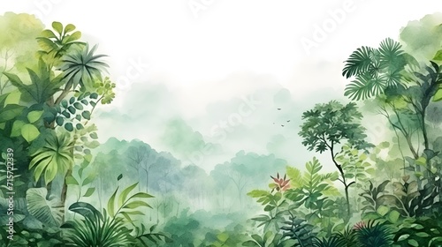 Rainforest  ecology  nature  bio-diversity background. Water color drawing of tropical rain forest. Wide format