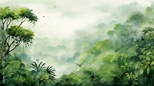 Rainforest  ecology  nature  bio-diversity background. Water color drawing of tropical rain forest. Wide format