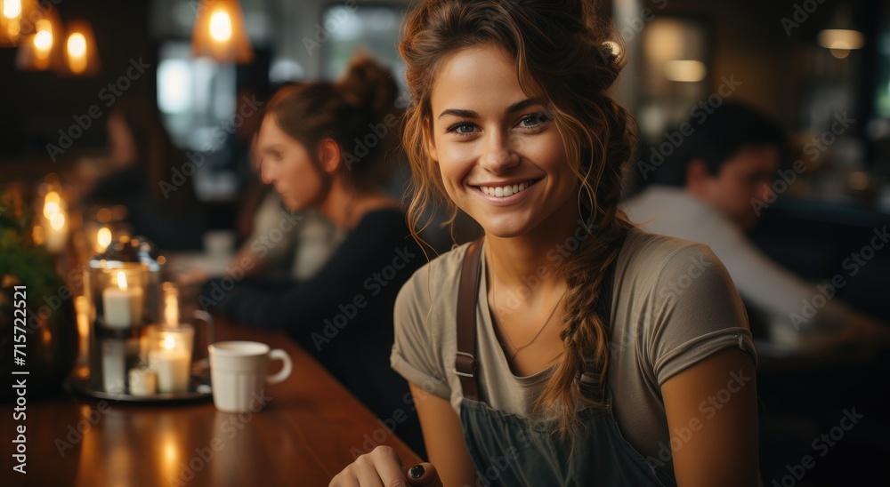 A beaming woman gazes directly at the camera, radiating warmth and joy as she sits indoors, dressed in elegant clothing and surrounded by delicate tableware and a flickering candle