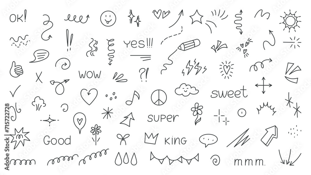 Doodle line glitter elements. Simple tiny lined arrows, springs, pennant banners, hearts and speech bubbles. Isolated hand drawn neoteric vector collection Doodle line glitter elements. Simple tiny lined arrows, springs, pennant banners, hearts and speech bubbles. Isolated hand drawn neoteric vector collection