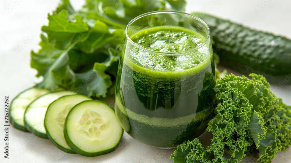 Obraz premium Vibrant Green Juice Elixir Surrounded by Fresh Vegetables