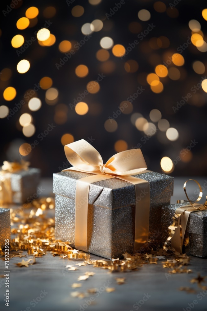 Sophisticated Gift with Golden Stars: Silver Box and Gold Ribbon - Valentine's Day Concept Sophisticated Gift with Golden Stars: Silver Box and Gold Ribbon - Valentine's Day Concept