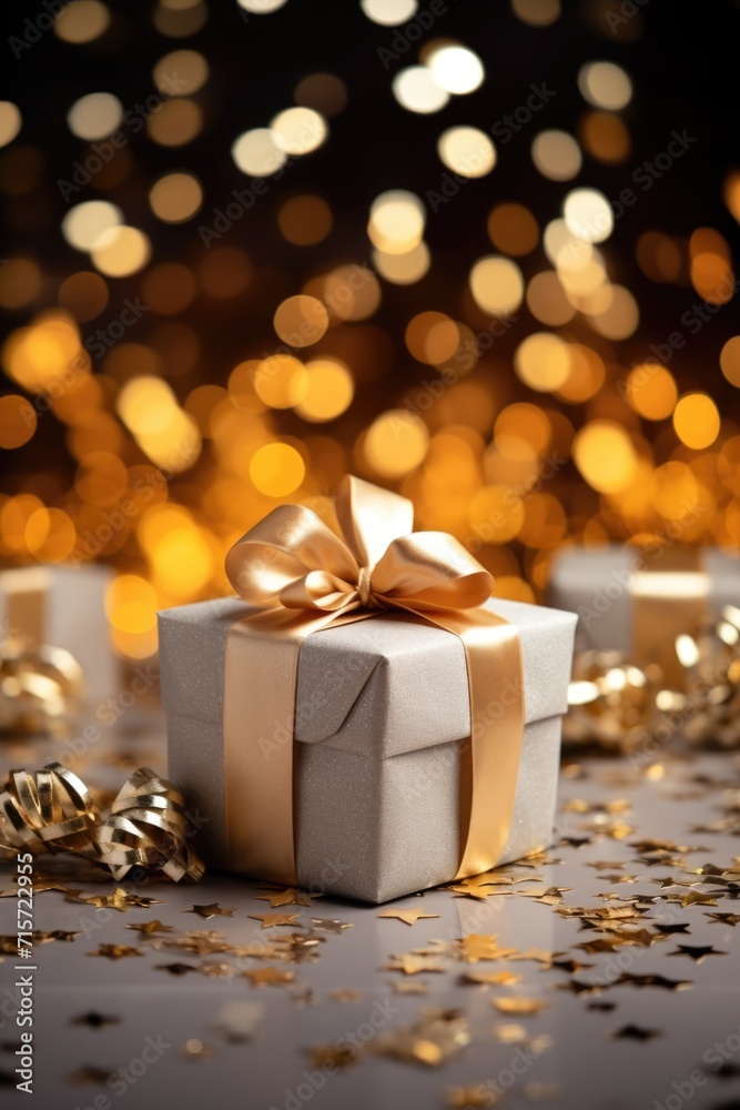 Sophisticated Gift with Golden Stars: Silver Box and Gold Ribbon - Valentine's Day Concept Sophisticated Gift with Golden Stars: Silver Box and Gold Ribbon - Valentine's Day Concept