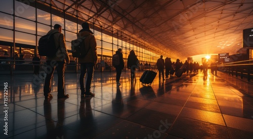 As the sun sets on the airport, a group of people stands in a room, their luggage reflecting the colorful sky, each person with their own unique clothing and silhouette, all grounded by the indoor fl