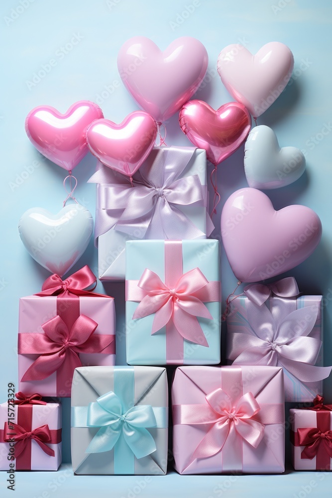 Pastel Hearts Assortment: Soft Colors on Blue Surface for Valentine's Day Concept