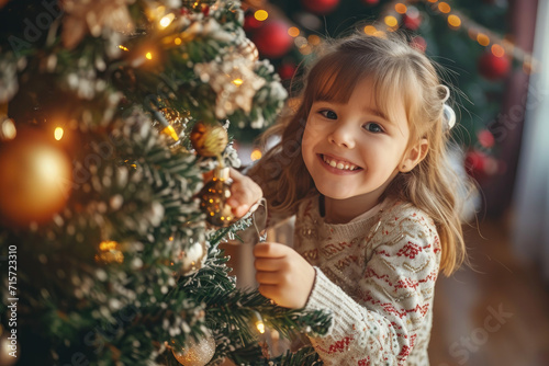 Happy girl decorate the house christmas tree, smiling young girl enjoying festive activities