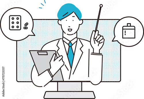 コンピューターから患者にアドバイスする医師ー人差し指ー上半身ーシンプルベクターイラスト素材