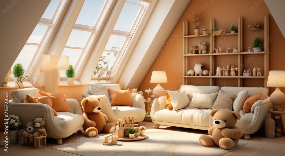 In the cozy living room, a playful array of teddy bears adorns a plush couch against a wall of windows, while a vase of flowers adds a touch of elegance to the modern interior design