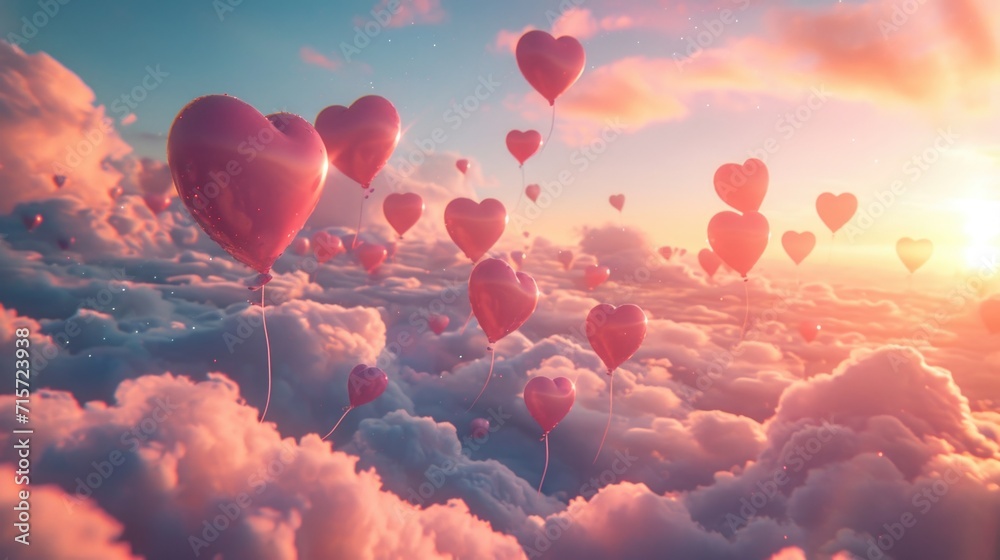 Serene Pink Heart Dreamscape: Balloons Floating in Sky with Sunrise Hues - Valentine's Day Concept - obrazy, fototapety, plakaty 