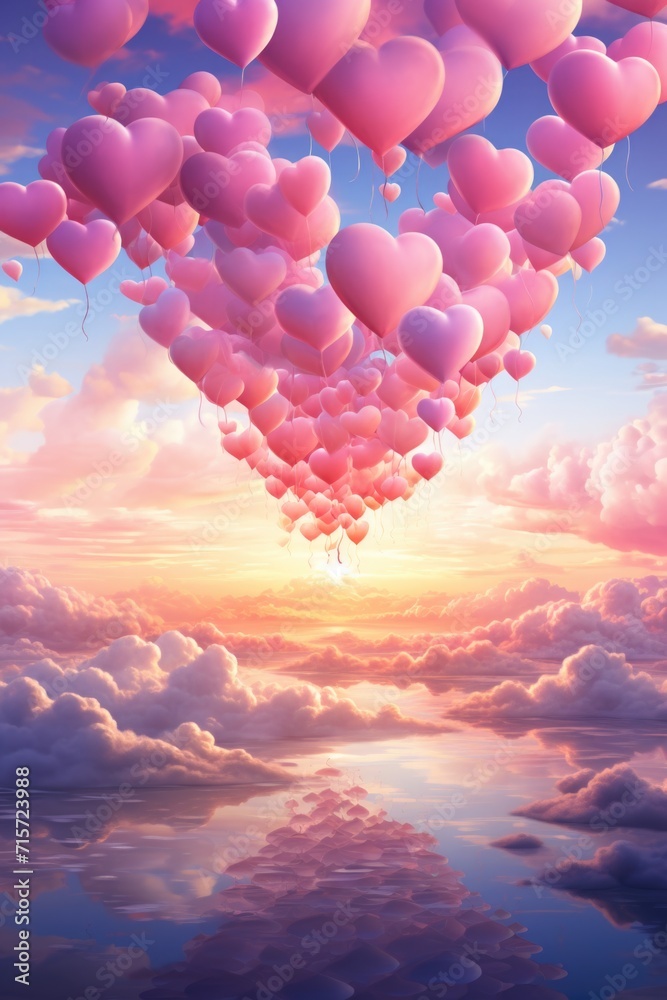 Serene Pink Heart Dreamscape: Balloons Floating in Sky with Sunrise Hues - Valentine's Day Concept