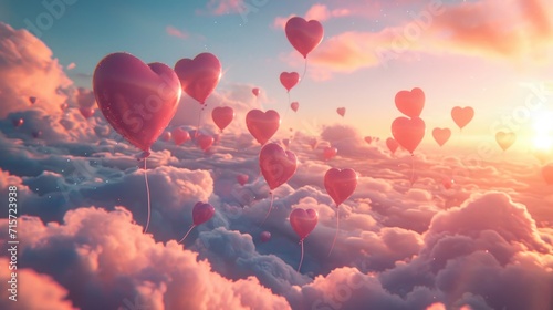 Serene Pink Heart Dreamscape: Balloons Floating in Sky with Sunrise Hues - Valentine's Day Concept #715723938