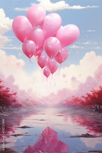 Serene Pink Heart Dreamscape: Balloons Floating in Sky with Sunrise Hues - Valentine's Day Concept