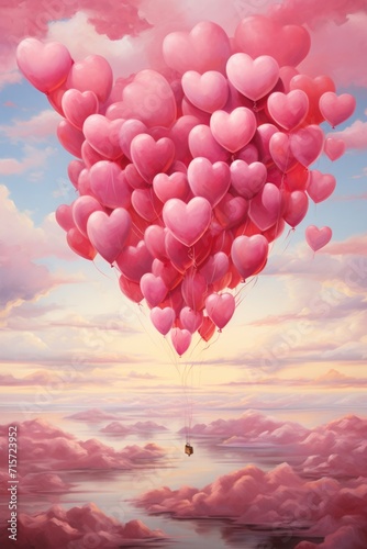 Serene Pink Heart Dreamscape: Balloons Floating in Sky with Sunrise Hues - Valentine's Day Concept