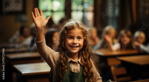 Wallpaper Mural A cheerful young girl eagerly participates in a classroom discussion, her wooden desk and bright smile reflecting her excitement Torontodigital.ca
