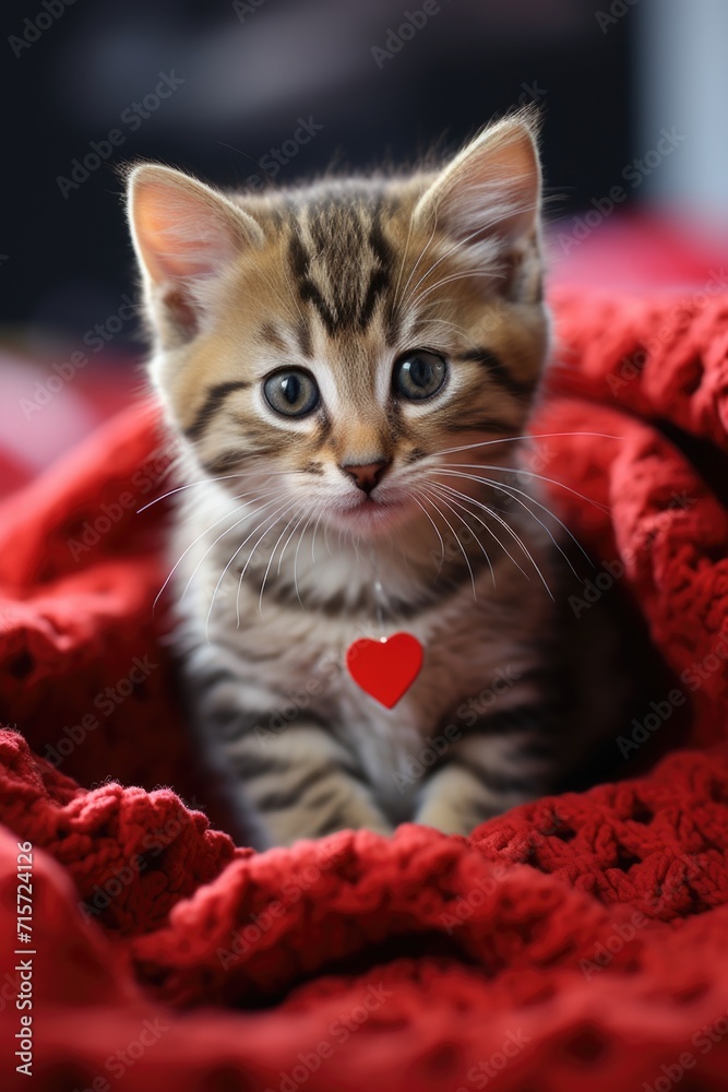 Adorable Tabby Kitten with Knitted Heart: Innocence and Love on Textured Blanket - Valentine's Day Concept Adorable Tabby Kitten with Knitted Heart: Innocence and Love on Textured Blanket - Valentine's Day Concept