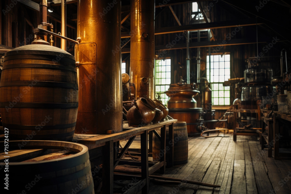 Whisky in barrels at the rustic whiskey distillery
