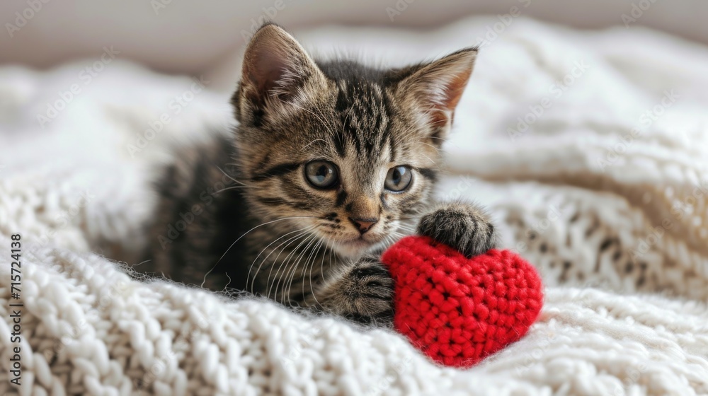 Adorable Tabby Kitten with Knitted Heart: Innocence and Love on Textured Blanket - Valentine's Day Concept Adorable Tabby Kitten with Knitted Heart: Innocence and Love on Textured Blanket - Valentine's Day Concept