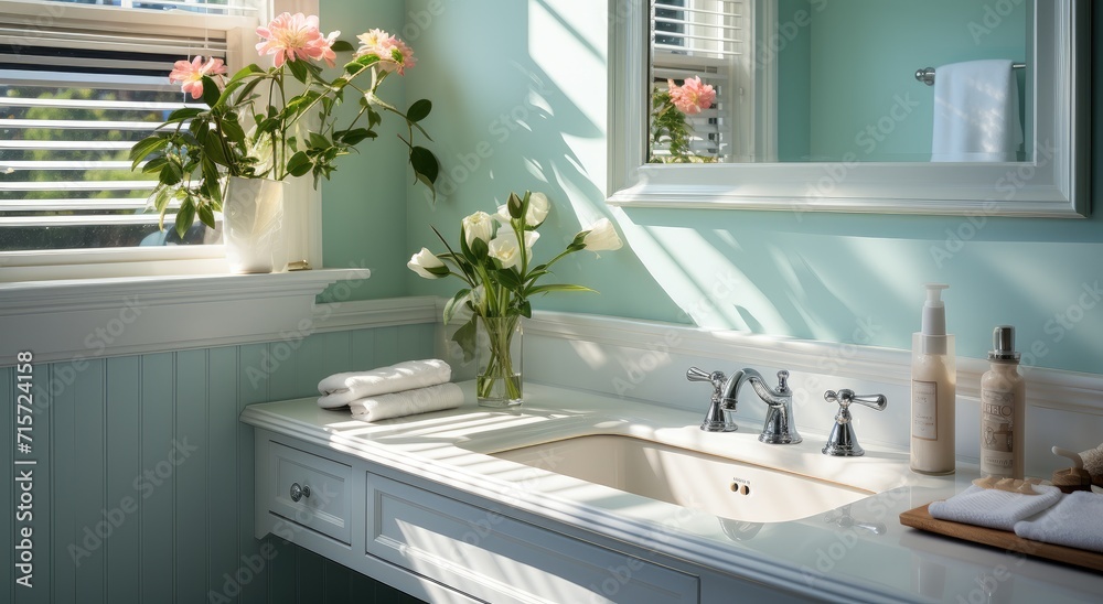 A cozy bathroom oasis, with a blooming vase on the countertop and a tap reflecting sunlight from the window onto the vibrant green plant beside the sleek sink A cozy bathroom oasis, with a blooming vase on the countertop and a tap reflecting sunlight from the window onto the vibrant green plant beside the sleek sink