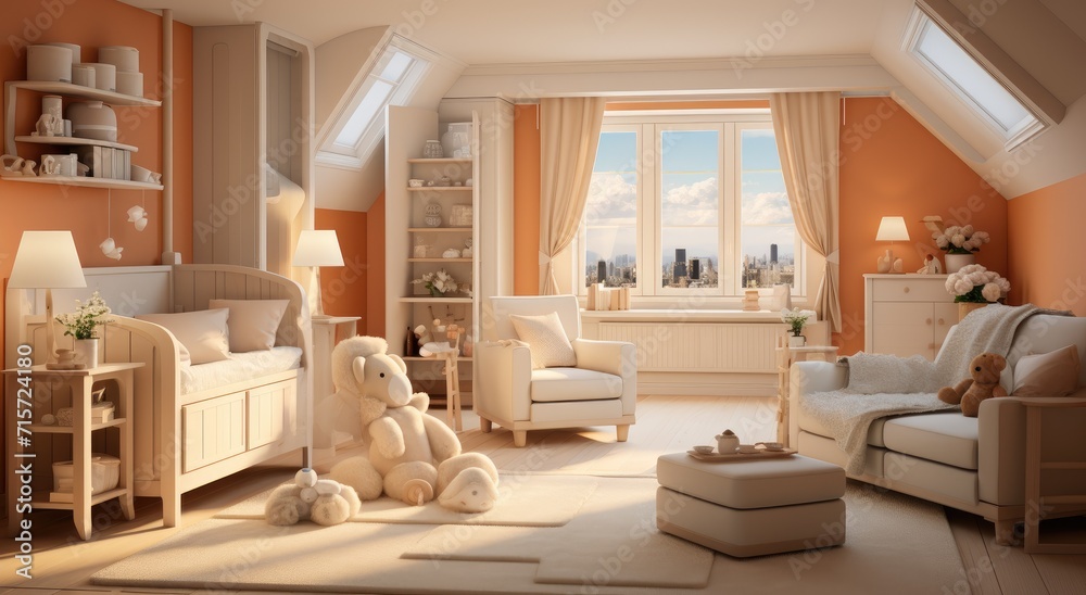 Fototapeta premium A cozy cabinetry-filled living room with a large window overlooking the beautiful hardwood flooring and a plush sofa bed for ultimate relaxation