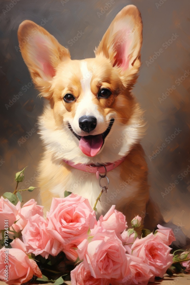Corgi with Red Rose: Soft Pink Background and Rose Petals - Valentine's Day Concept