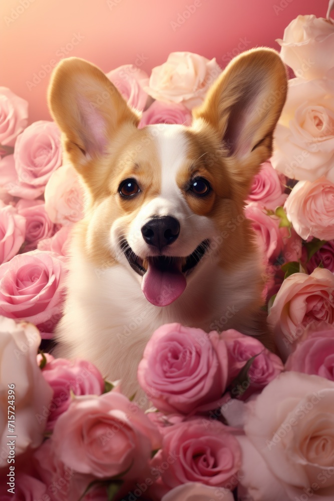 Corgi with Red Rose: Soft Pink Background and Rose Petals - Valentine's Day Concept