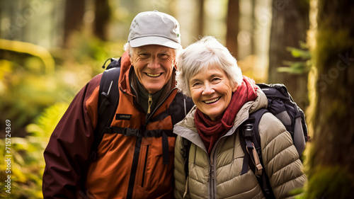 Happy elderly couple with backpacks enjoying forest hike © thodonal