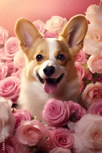 Corgi with Red Rose: Soft Pink Background and Rose Petals - Valentine's Day Concept © Ivy