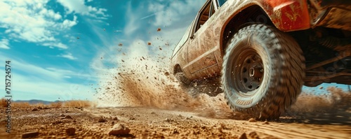 Off road car is driving fast by a dirty road photo