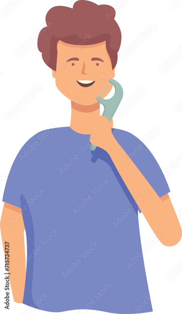 Boy take dental floss icon cartoon vector. Smile happy. Care patient