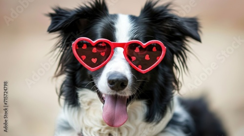 Fashionable Border Collie in Heart-Shaped Sunglasses: Carefree Vibes on Light Backdrop - Valentine's Day Concept