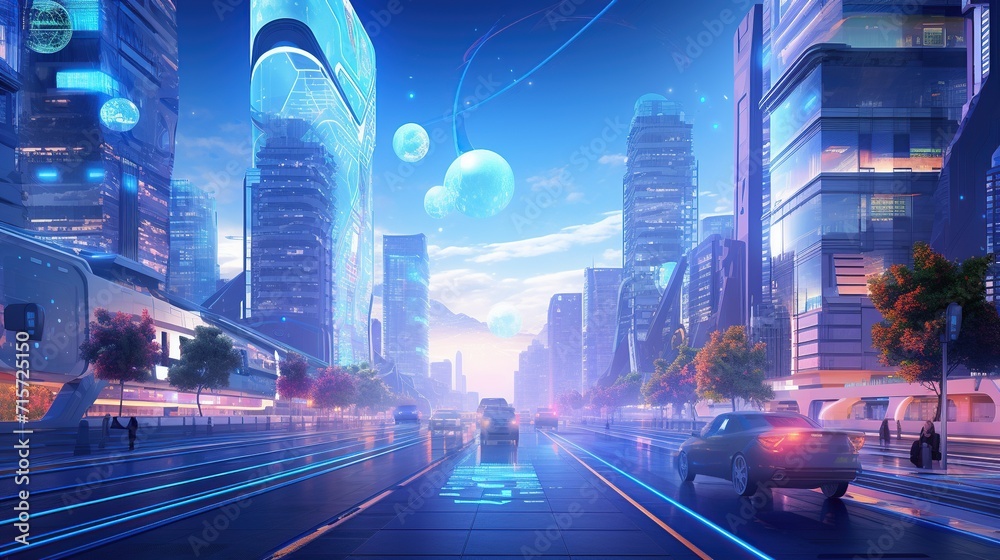 Smart city with futuristic street and holographic display for advance infrastructure concept. Created with Generative AI - obrazy, fototapety, plakaty 