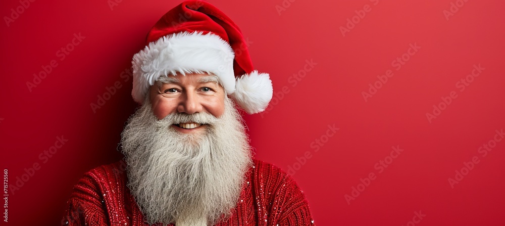 Crazy santa claus on red isolated background with copy space for text and christmas greetings Crazy santa claus on red isolated background with copy space for text and christmas greetings