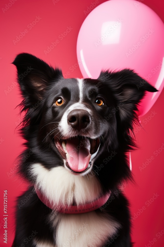 Playful Border Collie with Heart Balloon: Joyful Celebration on Soft Background - Valentine's Day Concept