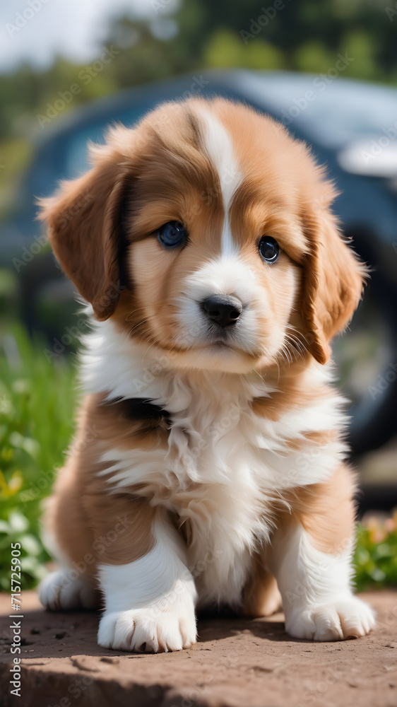Two adorable puppies, one white and one brown, sit surrounded by flowers in a snowy garden, creating a cute and funny portrait of these purebred dogs Two adorable puppies, one white and one brown, sit surrounded by flowers in a snowy garden, creating a cute and funny portrait of these purebred dogs