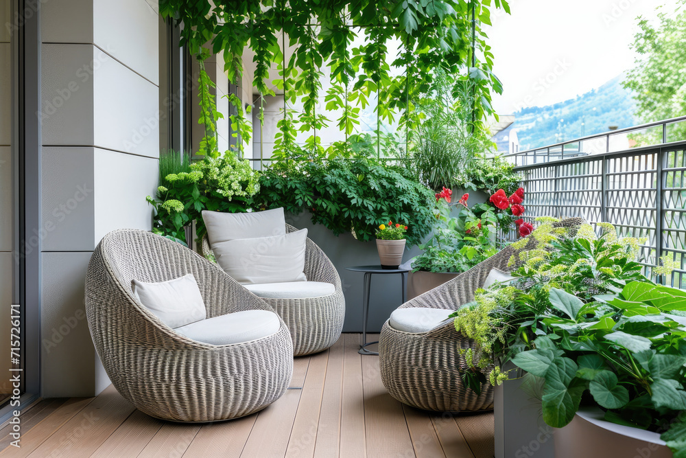 Modern seating area on the balcony is decorated with green plants and Cozy armchairs