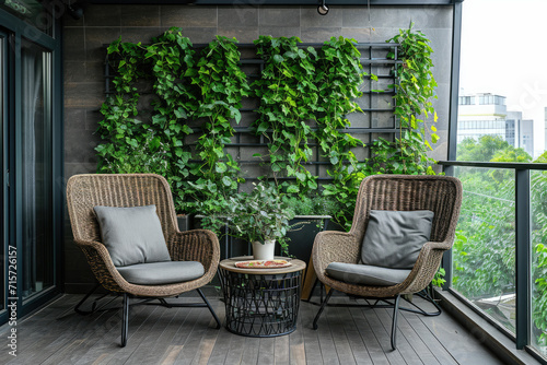 Modern seating area on the balcony is decorated with green plants and Cozy armchairs © Kien