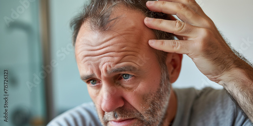 Mann mit Haarausfall ist besorgt