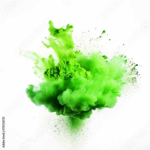 Bright green holi paint color powder festival explosion burst isolated white background. industrial print concept background