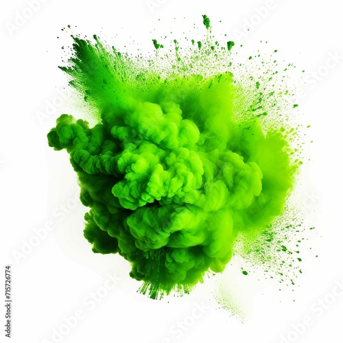 Bright green holi paint color powder festival explosion burst isolated white background. industrial print concept background