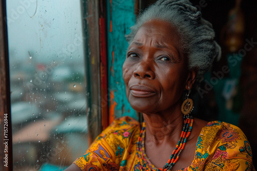Portrait of a 60-year-old woman inside her humble house in Africa photo