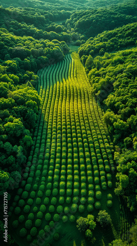 Aerial view of an agricultural field planted with trees photo
