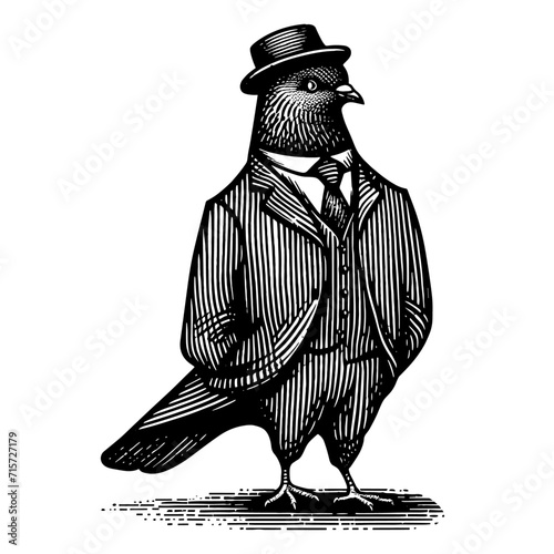 pigeon wearing a classic suit and hat vintage sketch