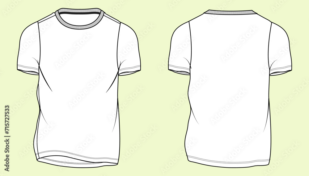 Basic Men's Short sleeve Crew neck T Shirt flat sketch fashion illustration drawing template mock up with front and back view. Menswear T shirt top cad drawing. Basic Men's Short sleeve Crew neck T Shirt flat sketch fashion illustration drawing template mock up with front and back view. Menswear T shirt top cad drawing.