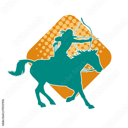 Silhouette of an ancient cavalry soldier aiming with archery weapon. Silhouette of an archer on his running horse.