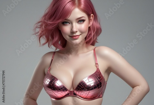 Beautiful slim body of woman in studio, white background, pink hair