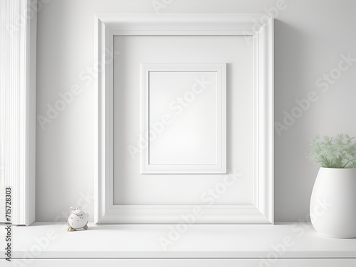 A white frame on a table near a plant. It's a square frame for a pretend design.