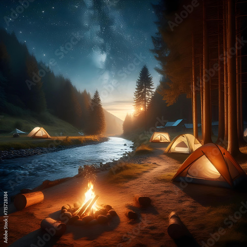 A campsite by a river with a glowing campfire and tents under the stars
